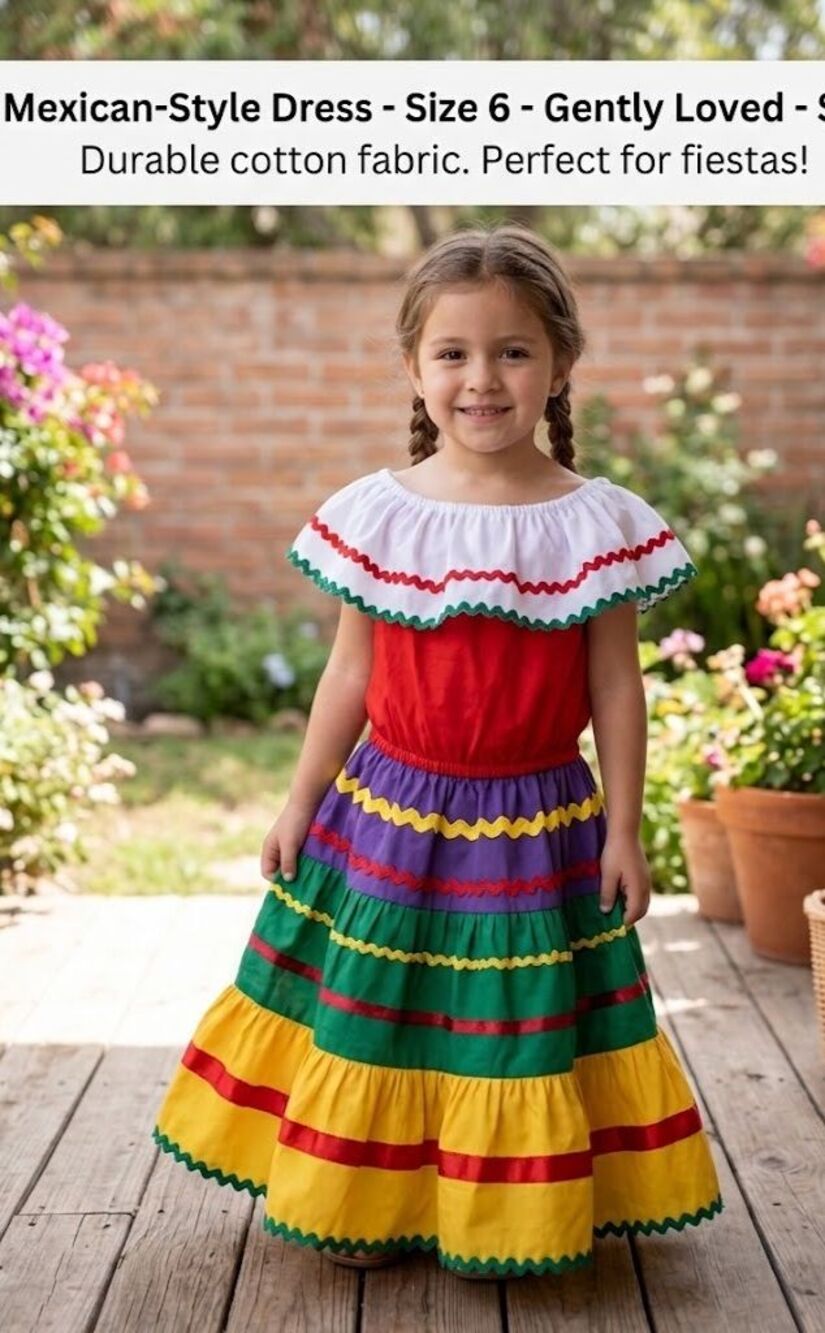 Traditional Mexican Red,Yellow,Green & White girls size 6 Hispanic Heritage
